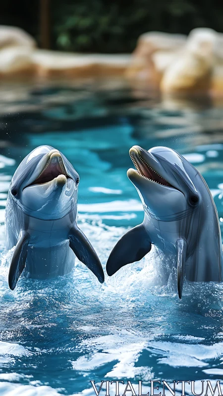 Synchronous dolphin breaching with high-sheen hydrodynamics.