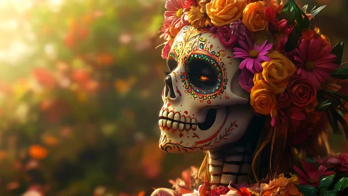 Sugar skull muse smiles through sunlit marigold storms