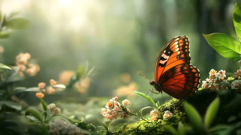 Orange butterfly on moss among small flowers in forest light.