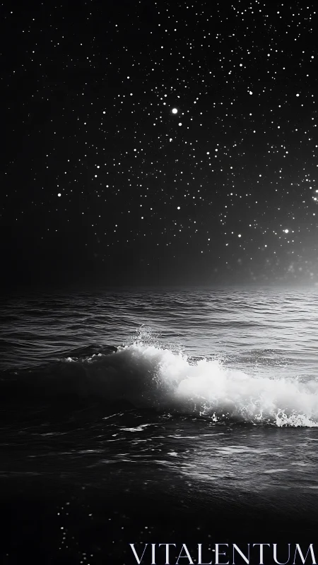 Night ocean wave under dense starry sky in monochrome.