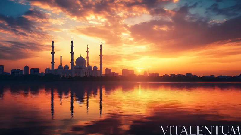 Lakeside mosque skyline with domes and minarets at vivid sunset