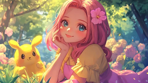 Dreamy pink haired girl relaxes in a glowing floral garden