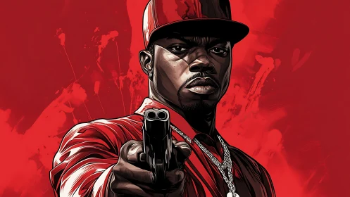 Intense urban gunman stares down viewer in bold red scene.