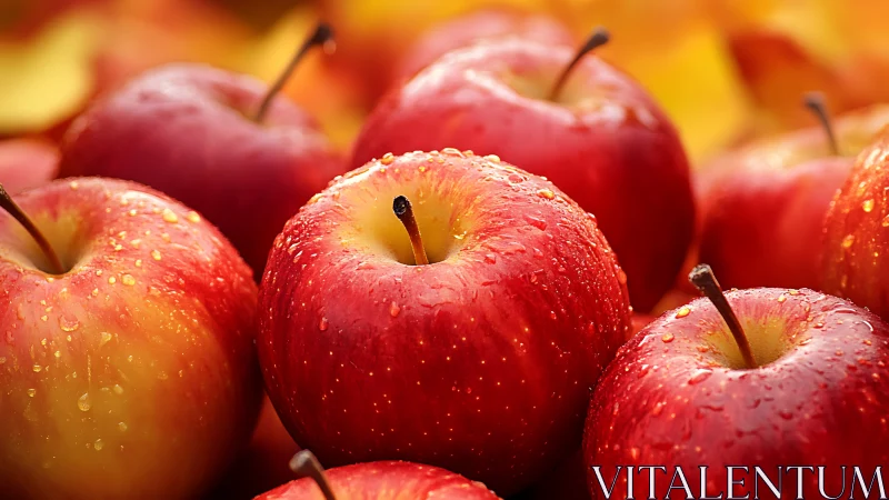 Glowing red apples glisten with dewdrops under warm light