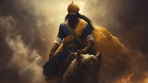 Warrior on horseback rides forward through dense battlefield smoke