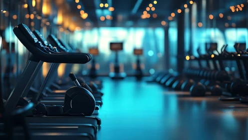 Quiet blue-hour gym with glowing treadmills and calm focus.
