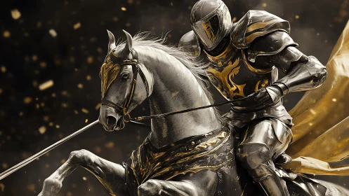 Golden knight riding into battle on a shining warhorse.