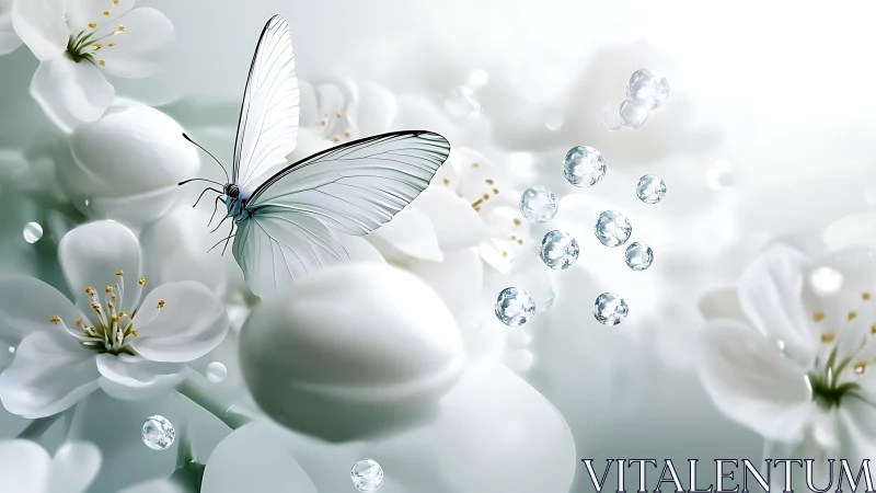 Ethereal white butterfly resting among dewy blossoms.