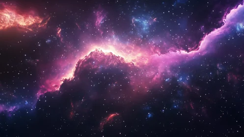 Radiant pink nebula gently glows across a star filled sky