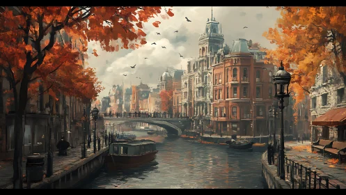 Autumn canal cityscape with historic facades and moored boats