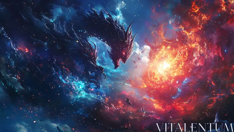 Celestial dragon coils through nebulae in a blazing cosmic sky