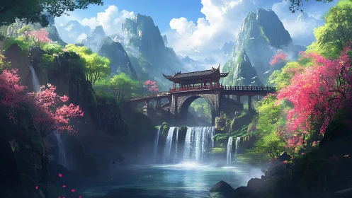 Mountain river bridge over tiered waterfalls in spring bloom