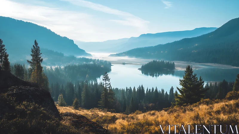 Mountain lake valley reflects pine forest and distant hills