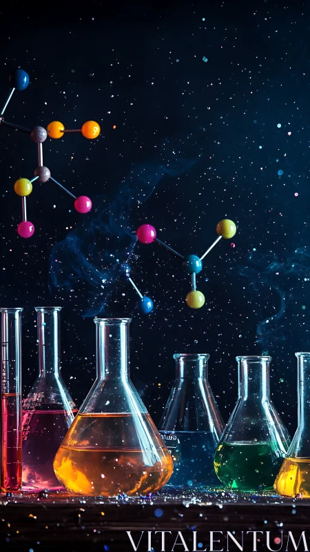 Colorful lab flasks glow under cosmic scientific particles