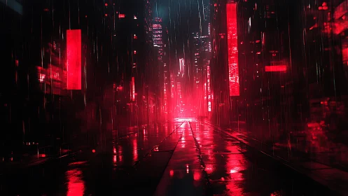 Neon drenched cyberpunk alley with reflective red rain glow.