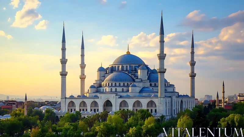 Skyline domes and slender minarets catching sunset hush.