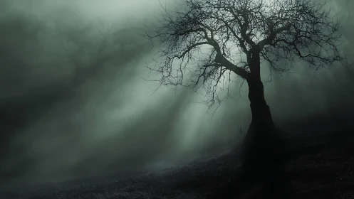 Silhouetted barren tree in moody fog with dramatic backlight.