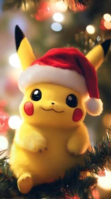 Cute yellow creature in Santa hat on Christmas tree.