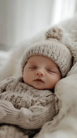 Newborn in knitted winter outfit sleeping peacefully.