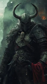 Horned dark knight in weathered armor amid burning fog.