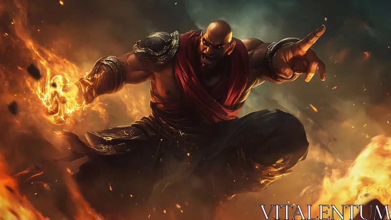 Fire-wielding warrior lunges through molten battlefield haze.