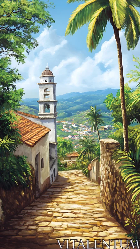 Sunlit colonial hillside street receding toward verdant valley