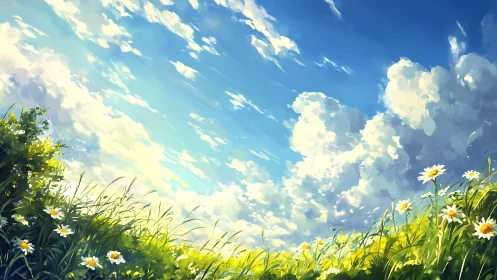 Digital painting of summer meadow under expansive cloud sky.