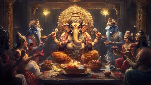 Divine elephant god banquet in ornate golden temple hall.