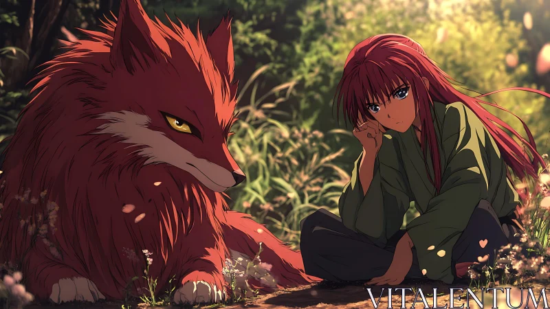 Red-haired wanderer with fox spirit in dappled forest light.