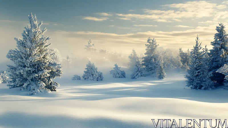 Sunlit winter forest drifts soften frosted evergreen silhouettes