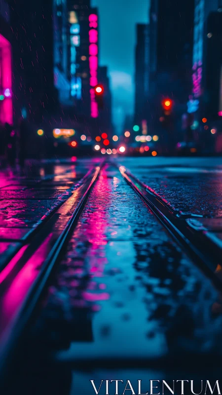 Neon-saturated rainy tramway corridor in nocturnal cityscape.