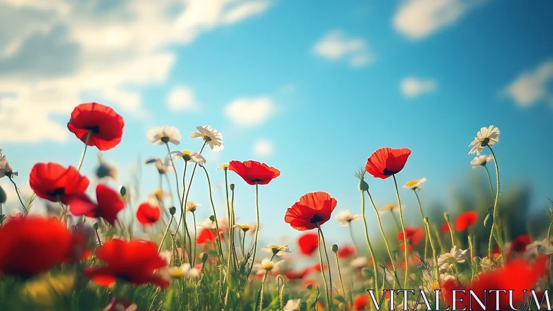 Red Poppies and Daisies Swaying in Golden Hour Light Field.