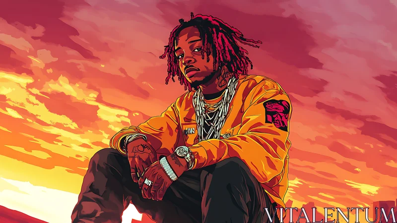 Sunset-lit streetwear portrait in bold digital illustration.