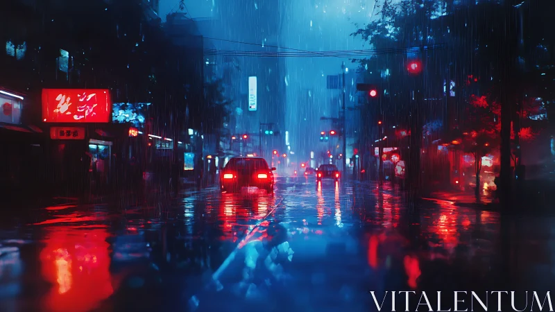 Neon city street glows through heavy midnight rainstorm