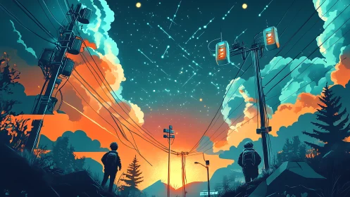 Sunset street scene with two figures and meteor sky.