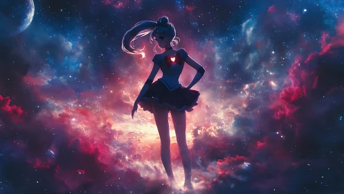 Celestial anime heroine emerges from radiant cosmic nebula.