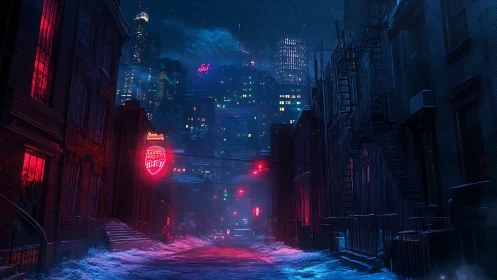 Neon lit snowy alley framed by dark city buildings at night.