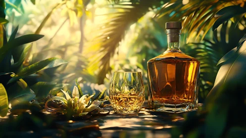 Whiskey decanter glows amid lush sunlit jungle foliage.