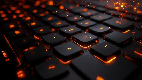 Close-up view of illuminated black keyboard with embers.