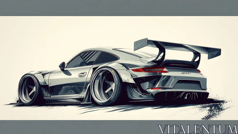 Widebody silver GT race car drifts with aggressive stance.