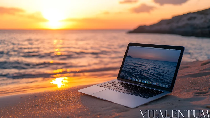 Laptop rests on sandy beach during vivid ocean sunset