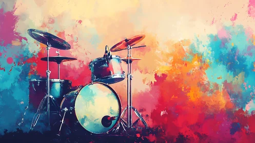 Colorful drum kit against abstract painted backdrop.