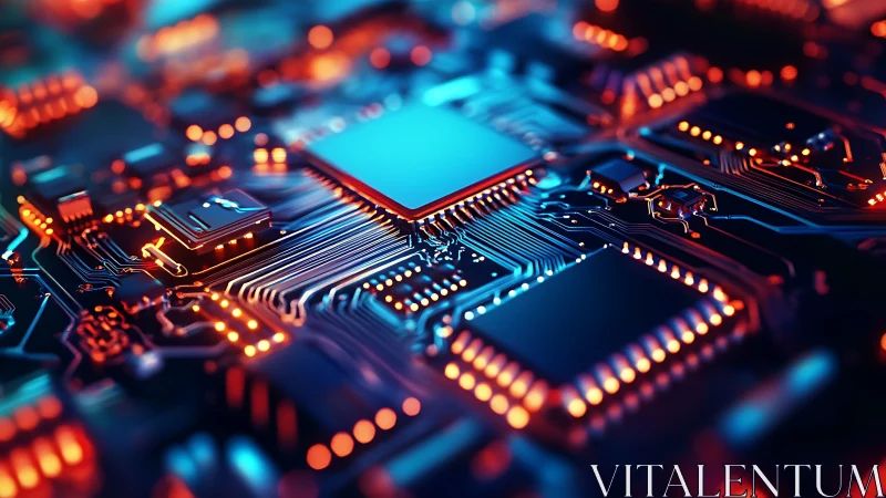 Neon circuitry skyline where microchips glow like midnight cities.