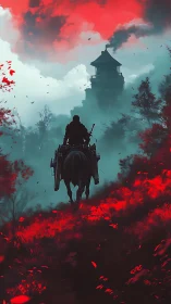 Mounted figure approaching distant tower in red landscape.