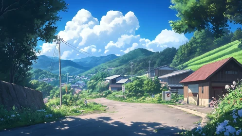 Sunny rural Japanese road curves through green mountain village