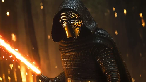 Hooded space warrior poised with crackling fiery blade.