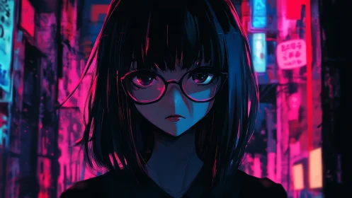 Neon lit girl with glasses in cyberpunk alleyway at night