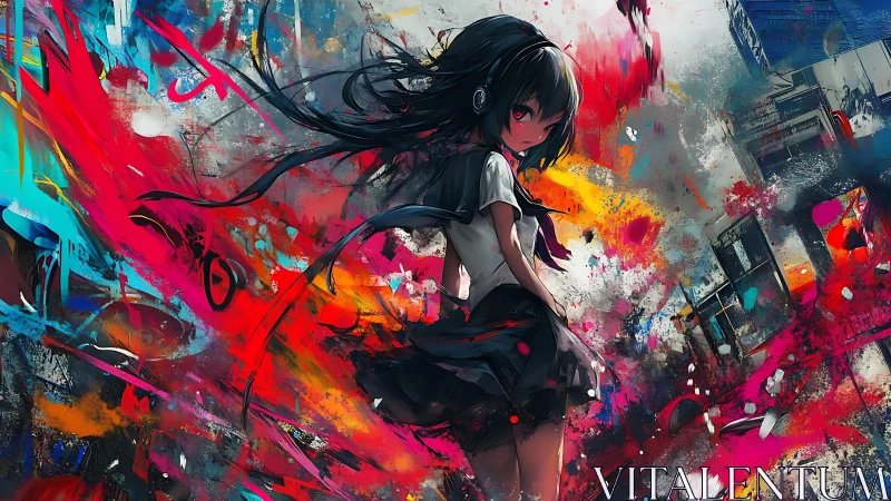 Headphoned anime girl amid explosive neon street chaos.