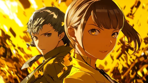 Two stylized figures against dynamic yellow abstract background.