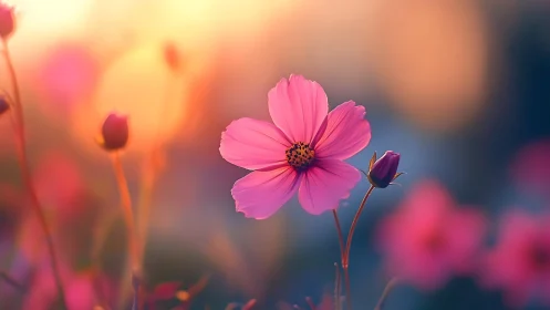 Pink Cosmos Flower Blooming in Golden Sunlight.
